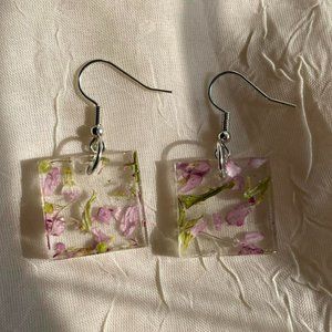 Handmade Purple and Green UV Resin Floral Earrings